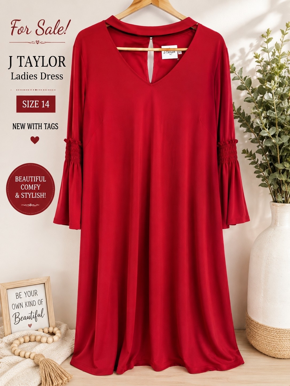 J Taylor Red V-Neck Smocked Bell Sleeve Midi Dress